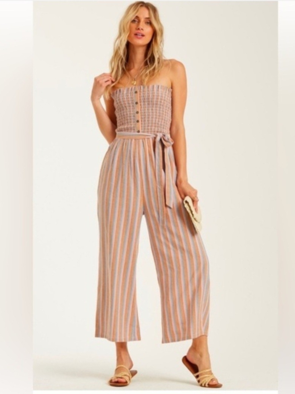 Billabong Strapless Striped Jumpsuit in Peach and Light Blue